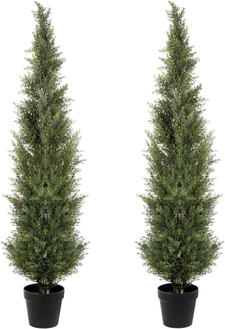 5FT Artificial Cedar Topiary Trees, 2Pack Lifelike UV Protected Faux Cedar Tree Fake Cypress Trees Evergreen Plants for Front Door Decor, Porch, Garden, Entryway