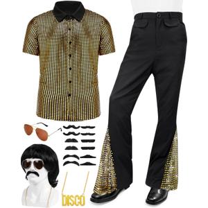 Mepase 6 Pcs Men's 70s Disco Outfit Costume New Year Eve Halloween Couples Costume 80s Bell Bottom Pants Short Sleeve Shirt, Medium