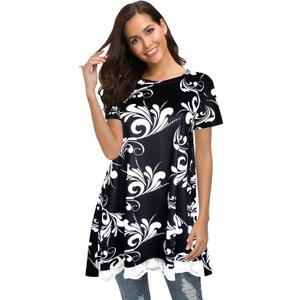 Afibi Womens Short Sleeve Tunic Tops A-Line Flowy Lace Trim Shirt Blouse