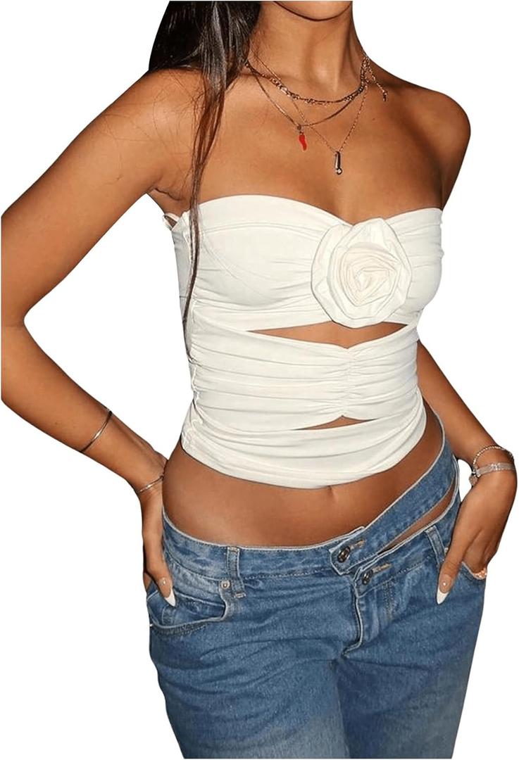 WDIRARA Women's 3D Floral Cut Out Crop Tube Tops Ruched Sleeveless Strapless Top (Large, White)