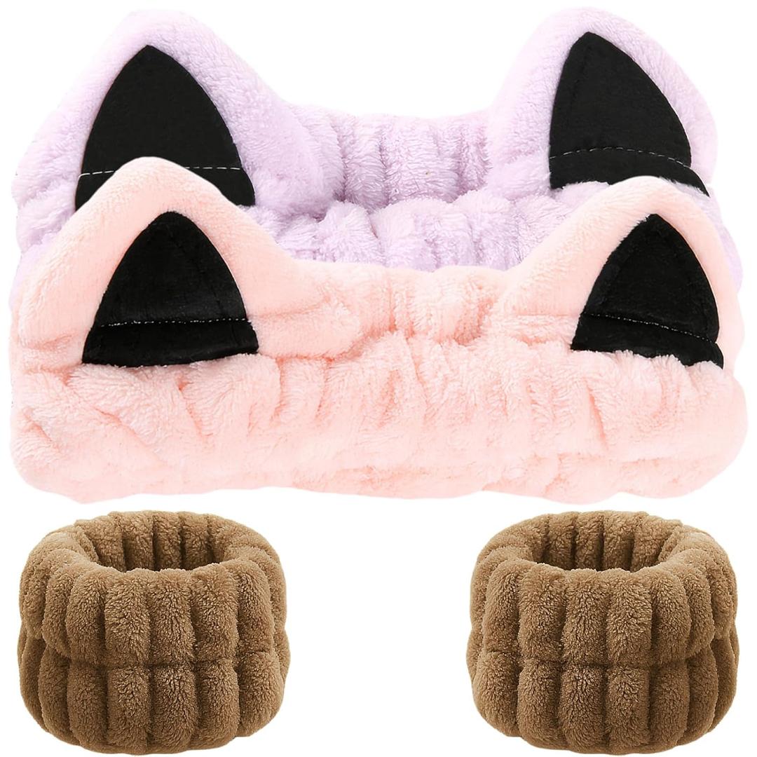 Cat Ears Headband, Cute Spa Headband and Wristband Set Washing Face Skincare Makeup Headbands for Women Girls Trendy Stuff Present Soft Coral Fleece Hair Accessories(Pink Purple+Khaki)
