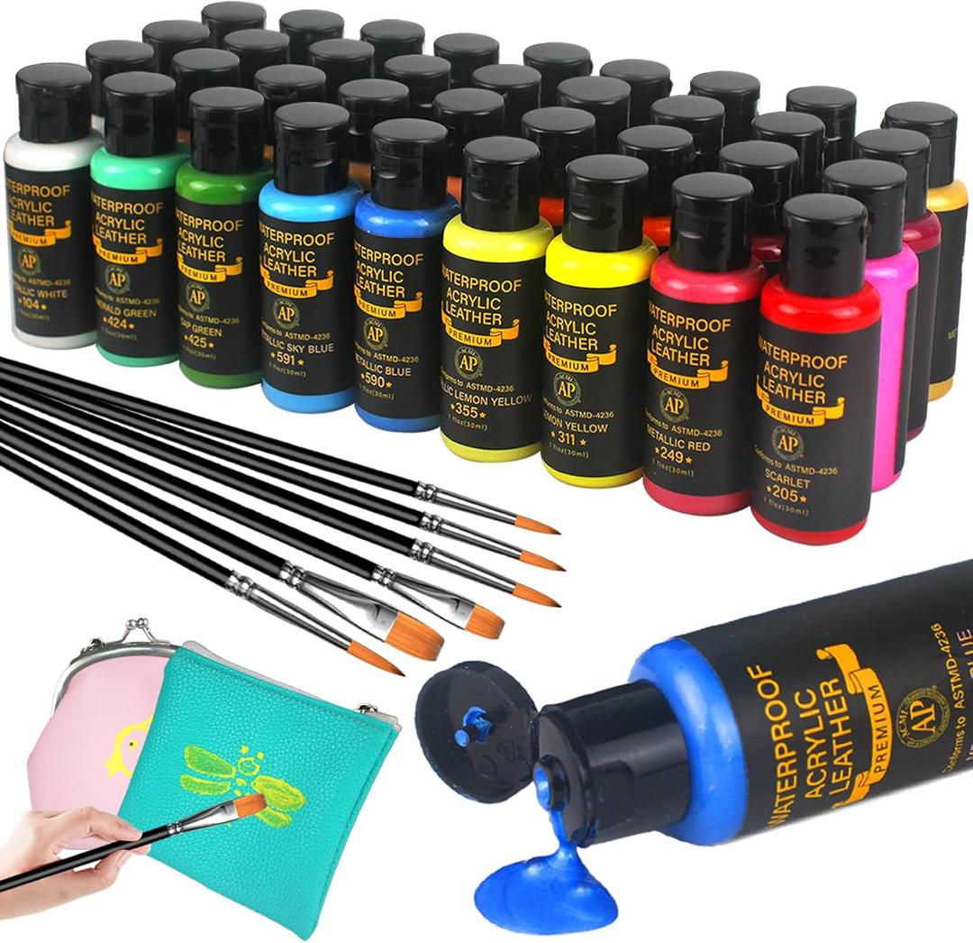 Colorful Acrylic Leather Paint Set, 36 Colors Leather Paint for Shoes| Leather Accessories | Premium Shoe Paint Kit for Sneakers | Bags | Purses | Waterproof, Flexible, Long-Lasting Sneaker Paint Kits