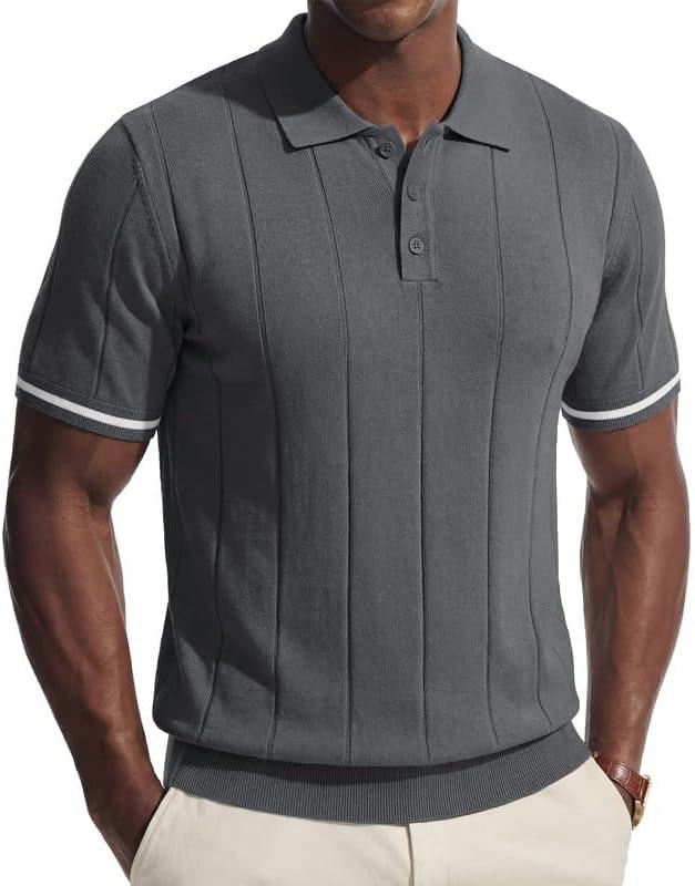 PRIVIMIX Mens Knit Texture Polo Shirts Sweater Short Sleeve Casual Polo Shirts with Button for Summer Golf (L)