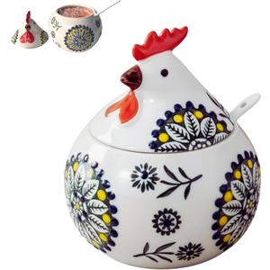 Ceramic Salt Cellar with Lid and Spoon 13.5oz Salt Holder, Salt Containers for Countertop, Chicken Salt Dish with Lid, Farmhouse Kitchen Decor, Sugar & Spice Container, Old Country Kitchenware