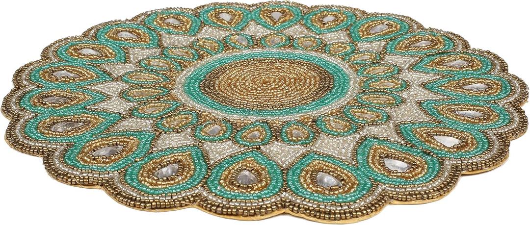 BEDDING CRAFT Beaded Charger 13" Round Peacock Look - Premium Green and Gold Placemats for Dining Table - Elegant Beaded Charger Placemats - Perfect for Holidays, Christmas, and Special Occasions (13" x 13" (Set of 1))