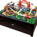 KidKraft Metropolis Wooden Train Set & Table with 100 Pieces and Storage Drawer - Espresso