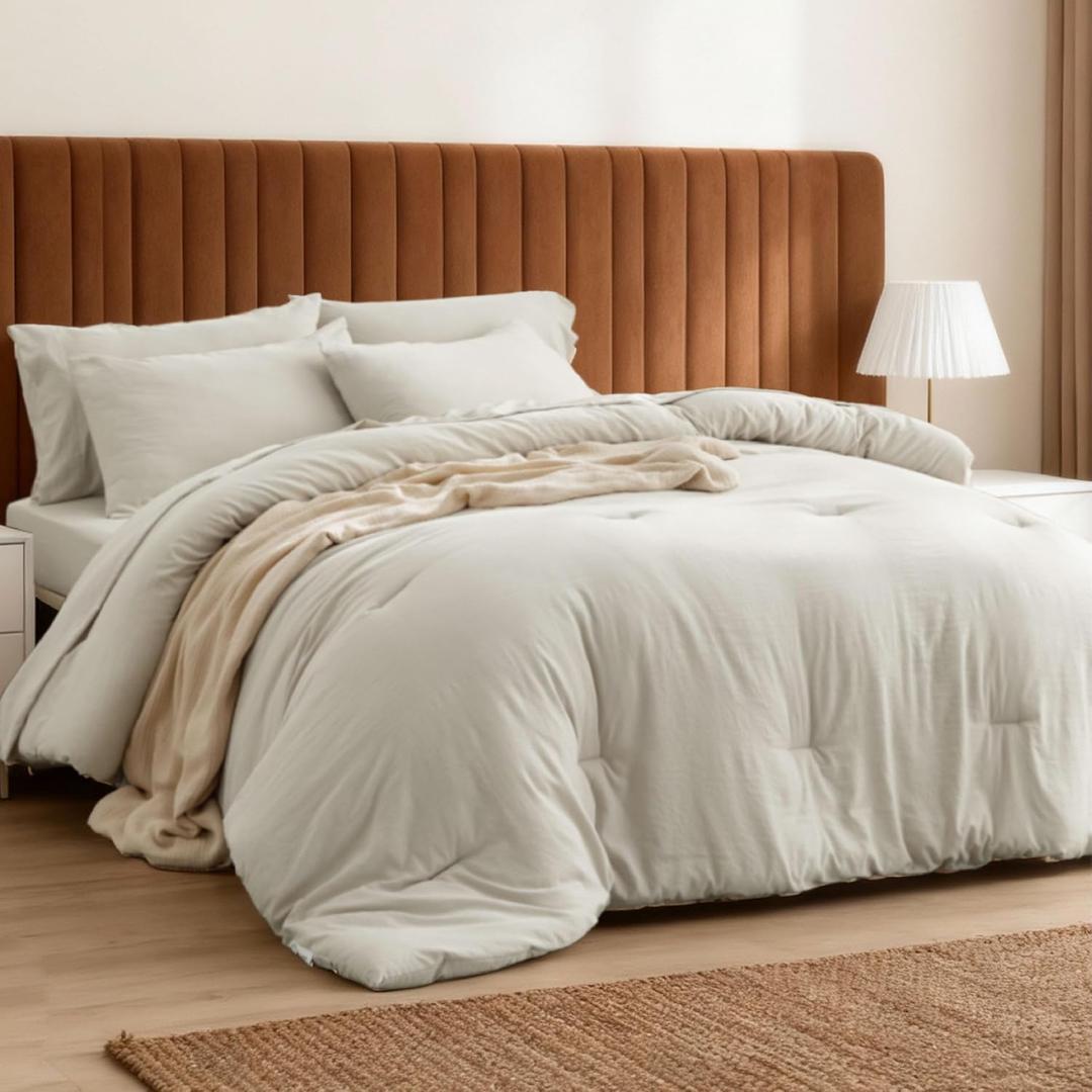 Bedsure Queen Size Comforter Set, Beige Soft Prewashed Bedding for All Seasons, 7 Pieces Warm Winter Down Alternative Bed Set, Fluffy Bed in a Bag with Sheets, Pillowcases & Shams
