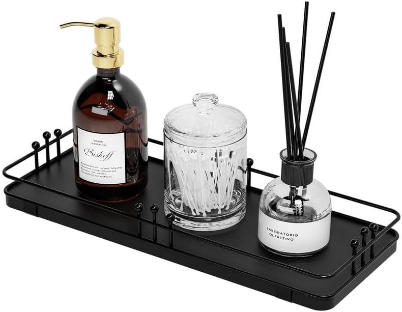 Bathroom Vanity Tray for Countertop Toiletries Perfume Makeup Soap Dispenser Toilet Tank, Kitchen Tray for Salt Spice, Black Decor Tray for Candle Nightstand Coffee 11.3x 4.4
