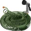 100 FT Lightweight Coiled Garden Hose EVA Flexible with 7 Function Nozzles and Brass Connectors for Garden Watering Plants Greenhouses Patios Olive Green