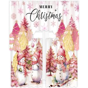 Christmas Kitchen Curtains 3 Piece Set Pink Snowman Window Curtains and Valance Set Xmas Curtain Swag for Kitchen Bedroom Living Room Decor, 60 x 36 Valance, 36 x 30 Tier