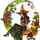 Halloween Faux Stained Glass Ghost Ornaments Acrylic, Halloween Decor Cute Suncatcher, Cute Ghost Gift for Book Lovers, Gothic Fall Decor for Window, for Women (Moon Witch)