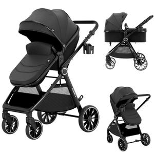 Baby Stroller 2 in 1 Newborn Convertible Stroller Bassinet for Infant New Born Pushchair 0-36 Month (Black)