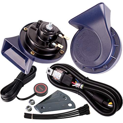 FARBIN Horn 12V Car Horns Loud Dual-Tone Waterproof Auto Horns Electric Snail Horn Kit with Relay Harness and Switch Button,Universal for Any 12V Vehicles (Blue Horn with Wire Harness and Button, 12v)