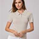 Verdusa Women's Old Money Button Down Collared Shirt Y2k Sweaters Elegant Knit Going Out Tops (Beige, XL)