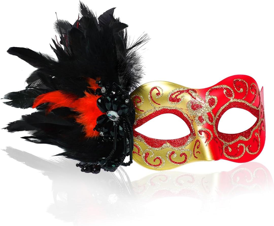 Masquerade Mask for Women Venetian Party Mask Costume Mask with Feathers for Cosplay, Halloween Prom Ball Decor (Red)