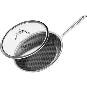Nonstick Frying Pan with Lid 12-Inch, Durable Stainless Steel Skillet, Induction & Oven Safe 500F, PFOA-Free Scratch-Proof, Dishwasher Safe, Stay-Cool Handle, Silver Kitchen Cookware