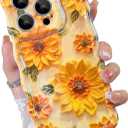 OOK Oil Painting Phone Case for iPhone 14 Pro Laser Glossy Cute Oil Painting Flower Pattern Curly Waves Bumper Design Soft Protective Cover for Girls Women Yellow Sunflower