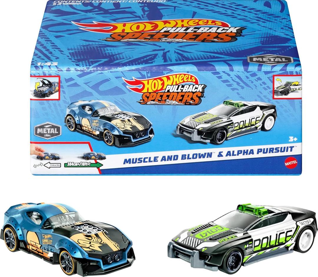 Hot Wheels Pull-Back Speeders Set of 2 Toy Cars in 1:43 Scale, Pull Cars Backward & Release, High-Performance, Collectible, with Rolomatic Engine or Door or Hood That Opens