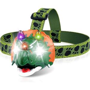 Triceratops LED Headlamp - Dinosaur Headlamp for Kids Camping Gear Essentials | Dinosaur Toy Head Lamp Flashlight for Boys Girls or Adults | Ideal Gift for Birthday, Halloween, Christmas, New Year (Green)