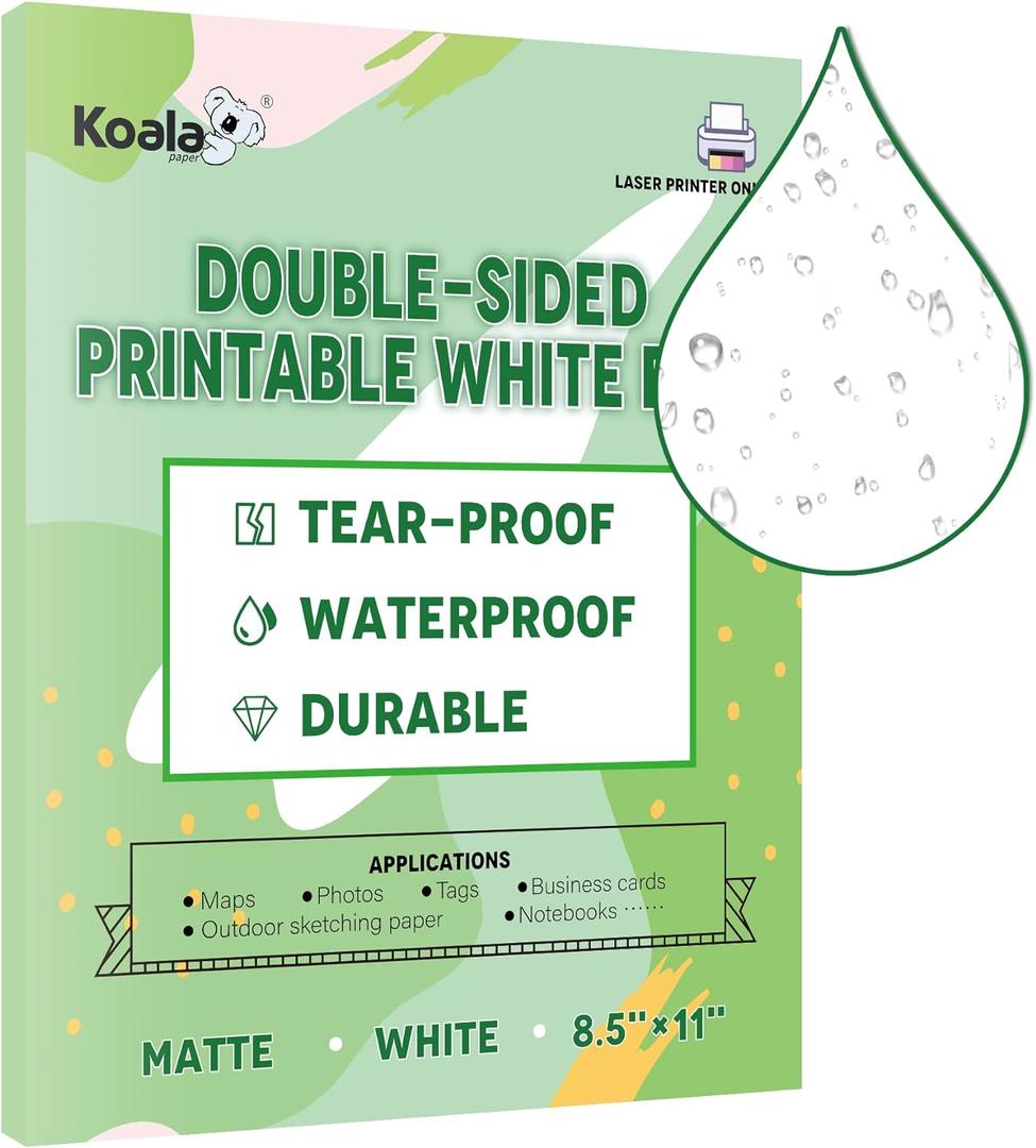 Koala Waterproof Paper for Laser Printer, Tearproof Printer Paper, Matte Double Sided Printable White Film 8.5x11 In 25 Sheets For Printing Backpacking Maps