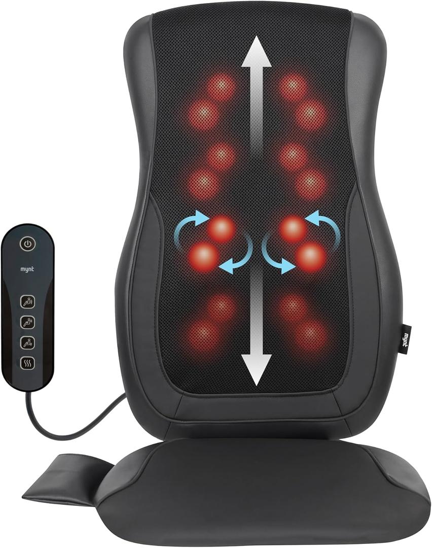 Mynt Black Acupressure Massage Chair Pad with 4 Deep Kneading Nodes, Shiatsu Back Massager for Chair with Heat, Heated Back Massage with a Cushion for Deep Tissue, Gift for Christmas