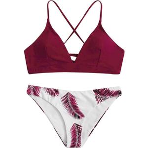 Bikini Girl Print Random Push-up Set Beachwear Padded Floral Women Swimsuit Bikini Swimwear Swim wears Tankinis Set Swimsuit Thong, Wine-1 , Size small