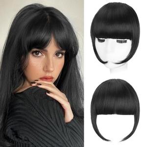Clip in Bangs, Synthetic French Bangs Hair Clip, Dark Black Fake Bangs Fringe with Temples Hairpieces for Women Natural Curved Hair Extensions for Daily Wear