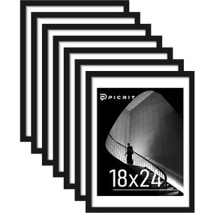 Picrit 18x24 Black Poster Frame 7 Pack, Display Pictures 16 x 20 Picture with Mat or 18 x 24 without Mat for Horizontal or Vertical Wall Mounting, Wall Gallery Photo Frames