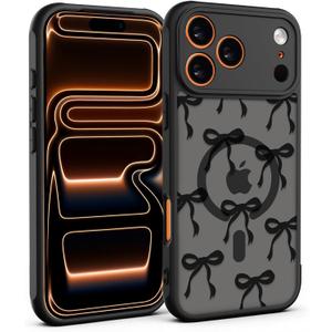 for iPhone 17 Pro Max Case, Black Cute Ribbon Bow Pattern Print Magnetic Case [Compatible with MagSafe] [Translucent Matte] Slim Shockproof Protective Bowknot Women Girls Phone Case