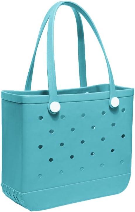 PoVwlty Rubber Beach Bag for Men & Women, Water-resistant Travel Tote Bag for the Beach Boat Pool (Medium, Lake Blue)