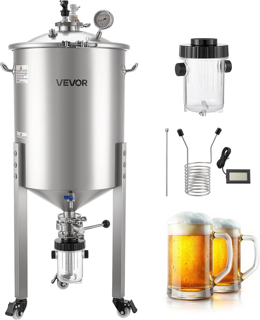 VEVOR Pressure Fermenter 15 PSI, 16 Gal/60L All-in-One Stainless Steel Conical Secondary Fermentation Bucket, with Cooling Tube, Yeast Slurry Collection Bottle, for Wine, Beer Brewing Equipment