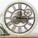 B-Style 24 Inch Large Wall Clock with Moving Gears Oversized Vintage Farmhouse Wall Clock for Living Room Decor Rustic Industrial Wood Clock Desert Beige