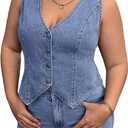 Floerns Women's Plus Size Sleeveless Vest Denim Jacket Button Front V Neck Waistcoat (XX-Large Plus, Blue)