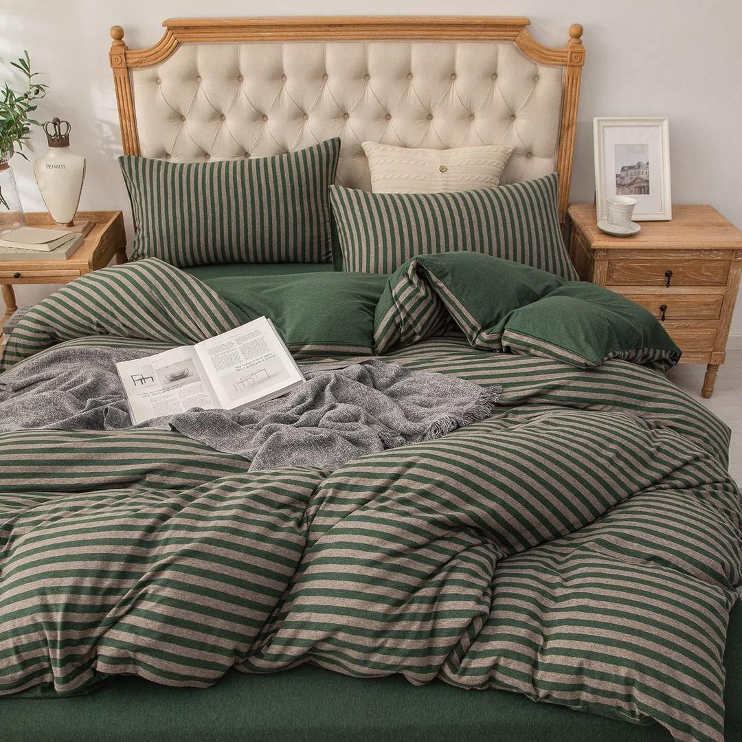 PURE ERA Jersey Knit Duvet Cover Set 100% T-Shirt Heather Cotton Super Soft Comfy Classic Striped Design, with Zipper Closure, Forest Green Stripe, Twin