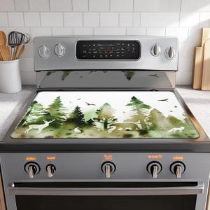 Stove Top Cover for Electric Stove,Green Misty Forest Bears Extra Thick Rubber Stovetop Protector Mat, Heat Resistant Glass Cooktop Oven Cover 28.5'' x 20.5''