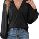 Agnes Urban Womens V Neck Long Sleeve Tops Dressy Casual Fall Shirts Puff Sleeve Loose Tunic Trendy Tops Blouses, Medium, Black