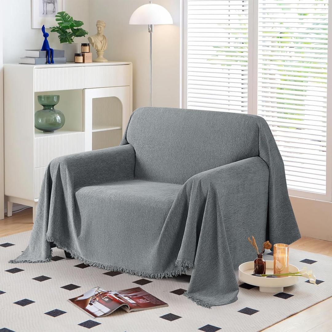 KinCam Couch Covers Washable Oversized Chair Cover Armchair Cover for Dogs Tassel Recliner Chair Sofa Cover Blanket Pet Friendly Soft and Durable for Most Furniture (71" x 71", Grey)