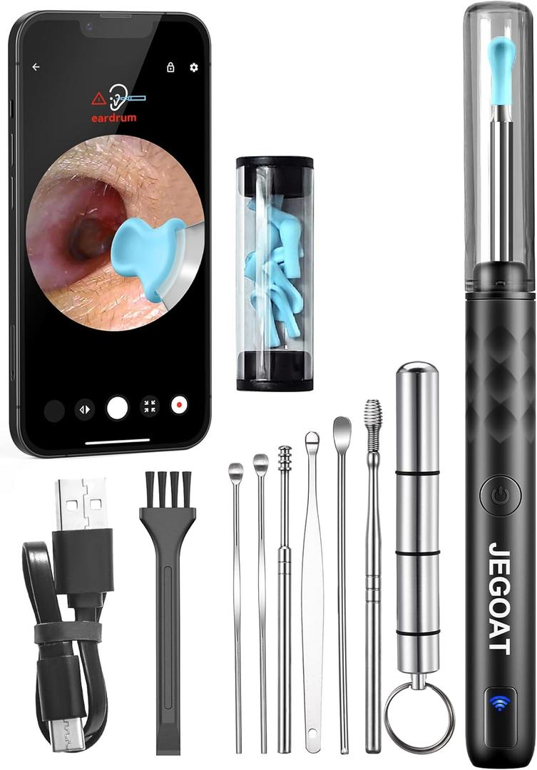 Ear Wax Removal Tool Camera, Ear Cleaner with Camera, 1296P HD Ear Scope, 6 LED Lights and 12 Ear Picks, Earwax Removal with Otoscope, Jet Black
