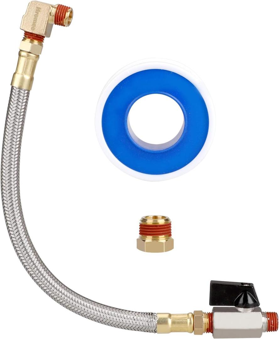 Hromee Extended Tank Drain Assembly Kit with 10 Inch Braided Steel Hose 1/4 Inch Drain Valve and Elbow Fitting for Air Compressor