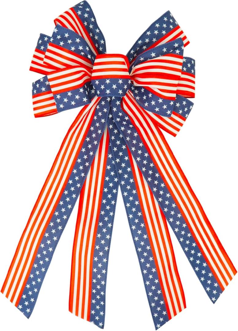 Large Patriotic Wreath Bow 4th of July Decor Patriotic Star and Stripe America Flag Bow for Indoor Outdoor Memorial Day Christmas Party Front Door Wall Decoration (Style 1, 11.4 x 20.8 in)