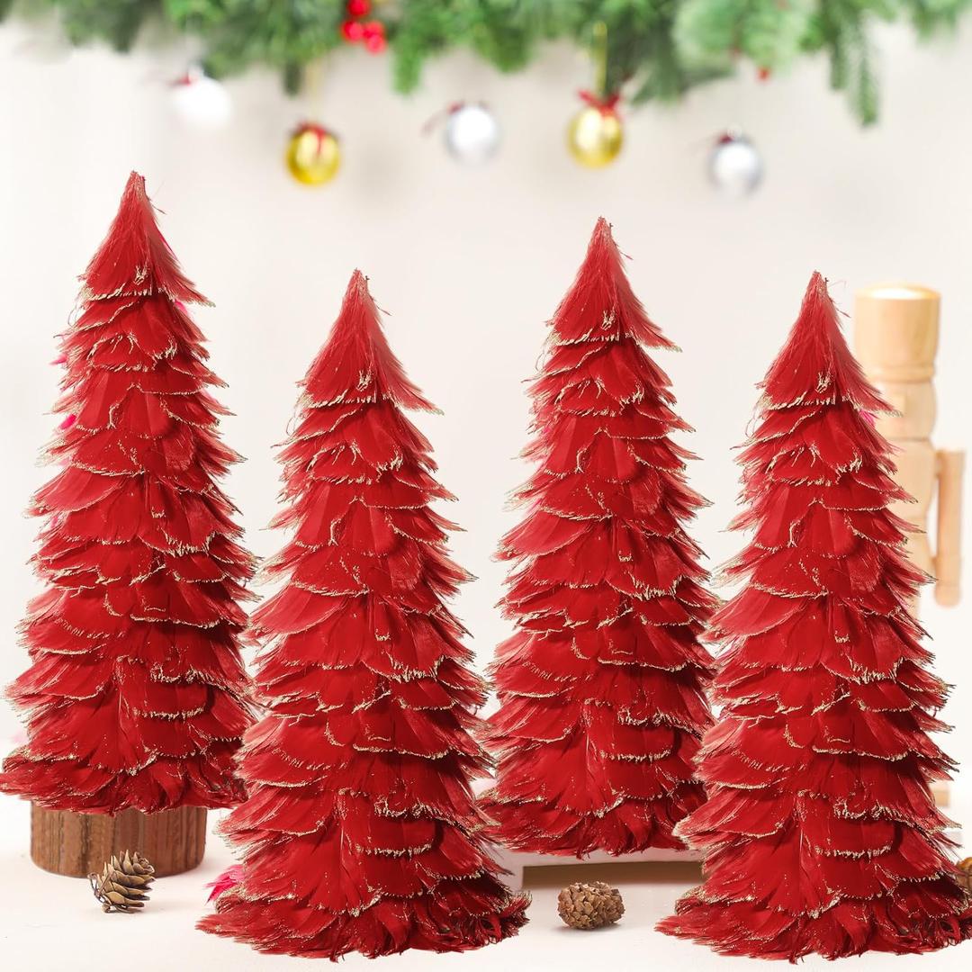 Liliful 4 Pcs Christmas Red Feather Tree with Glitter Tips 12'' Table Top Feather Christmas Tree Xmas Trees Tabletop Decorations Centerpieces for Winter Wedding Party Shelf Home Decor