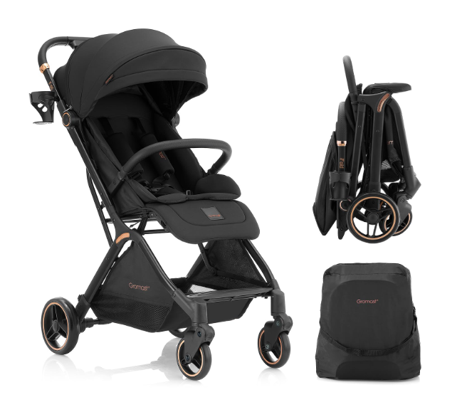Gromast Gravity Folding Baby Stroller - Portable Travel Toddler Stroller w/Adjustable Backrest, Canopy & Cup Holder, Lightweight and UV Protected, One-Hand Automatic Folding - Black