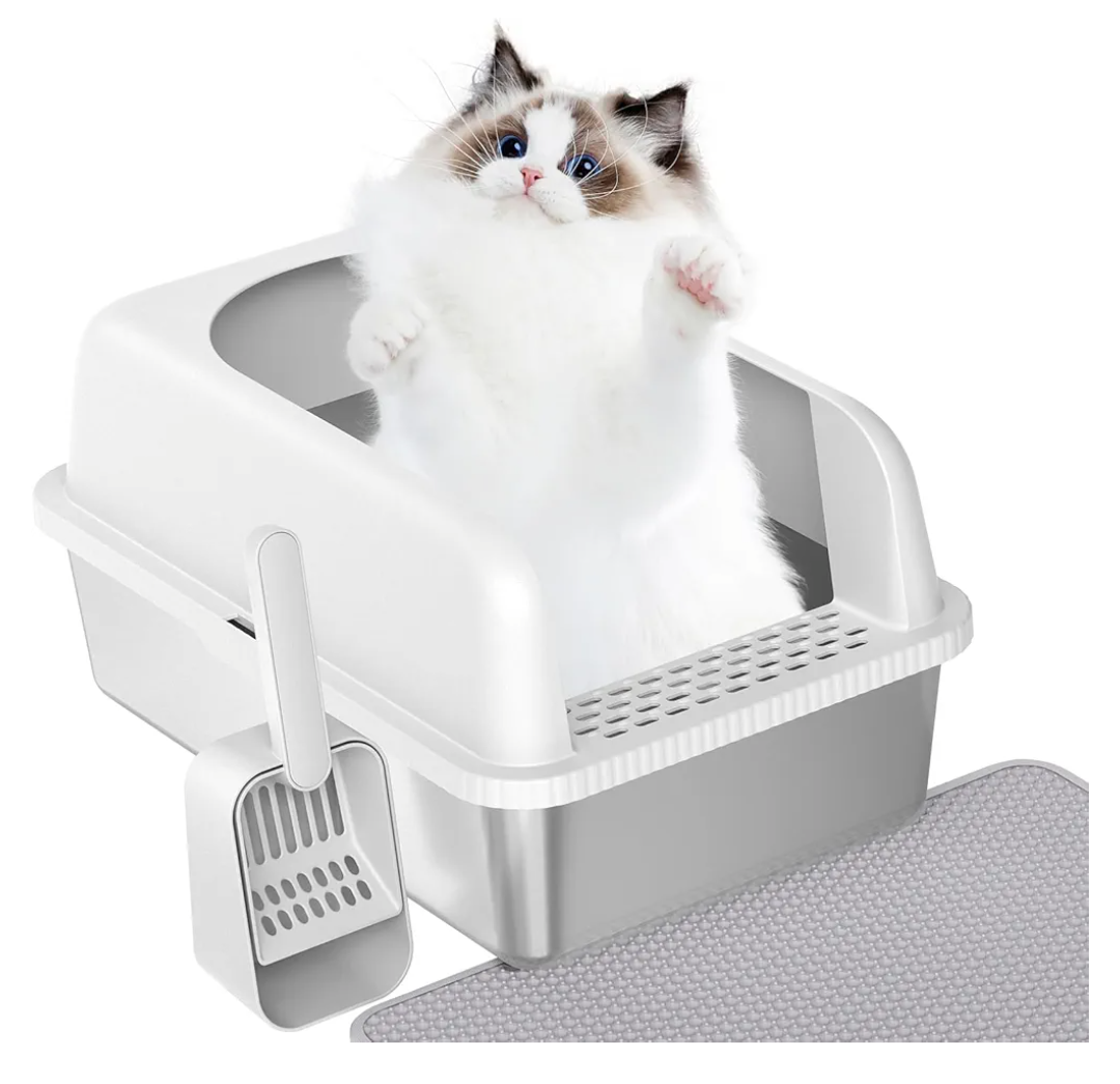 Prodigen Stainless Steel Cat Litter Box with Lid High Wall Sides Enclosure, Non-Sticky, Anti-Leakage, Easy Cleaning, with Cat Mat & Metal Scoop, 19.6" L x 14" W x 12" H