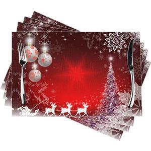 Merry Christmas Red Deer Placemats Set of 4 - Washable 12x18 Inch PVC Indoor Non-Slip Table Mats for Dining Room Decor