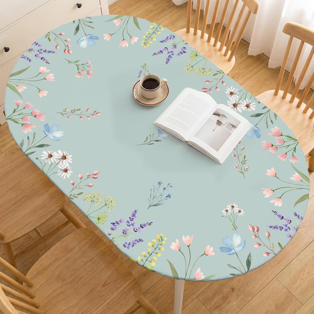 Horaldaily Spring Fitted Tablecloth 68 x 48 Inch Oval, Spring Daisy Tulips Lavender Floral Green Washable Table Cover Elastic Edged for Dinning, Picnic, Camping, Banquet