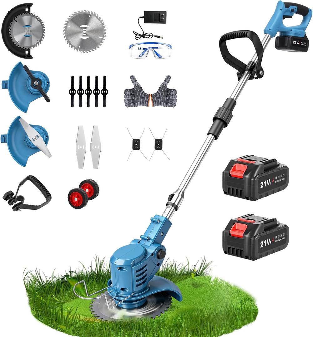 Electric Weed Wacker,Cordless Weed Eater 20000R,Battery Powered, 4-in-1 Brush Cutter with Wheel,Lawn Mower for Grass, 6 inch String Trimmer for Shrubs, Weeds,Weed Trimmer for Garden Yard