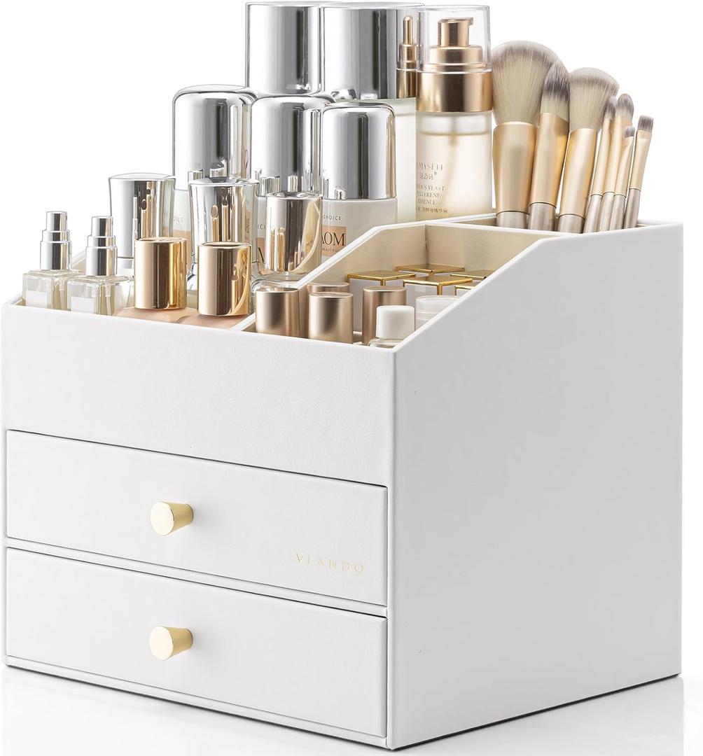 Vlando Makeup Organizer for Vanity, Large Capacity Countertop Organizer with Drawers, PU Leather Cosmetic Display Case for Lipstick, Brushes, Skincare, Nail polish and Bedroom Storage (White)