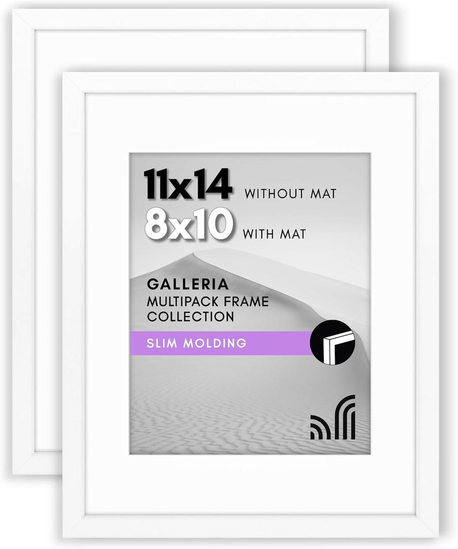 Americanflat 11x14 Picture Frame with Polished Plexiglass - Set of 2 - Use as 8x10 Frame with Mat or Display 11x14 Photo Without Mat - Galleria Collection - Picture Frames for Wall Display - White