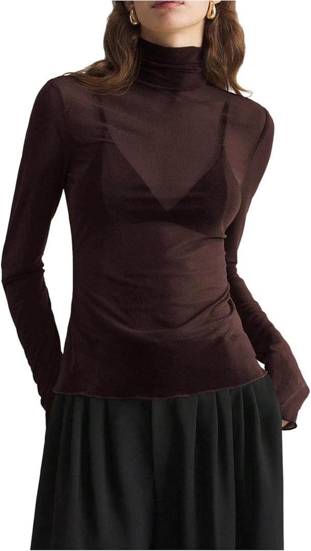 WDIRARA Women's Turtle Neck Long Sleeve T Shirts Sheer Mesh Tees Going Out Tops, XL
