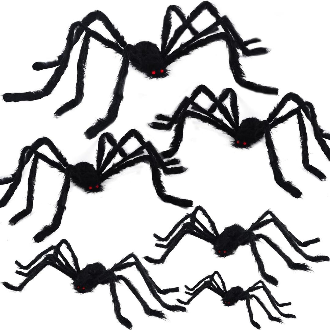 yosager Outdoor Halloween Decorations 6Pcs Realistic Giant Spiders, Huge Hairy Scary Halloween Spider Prop, Black Spooky Spider for House Window Yard Garden Patio Decor (12" 24" 24" 36" 36" 60")